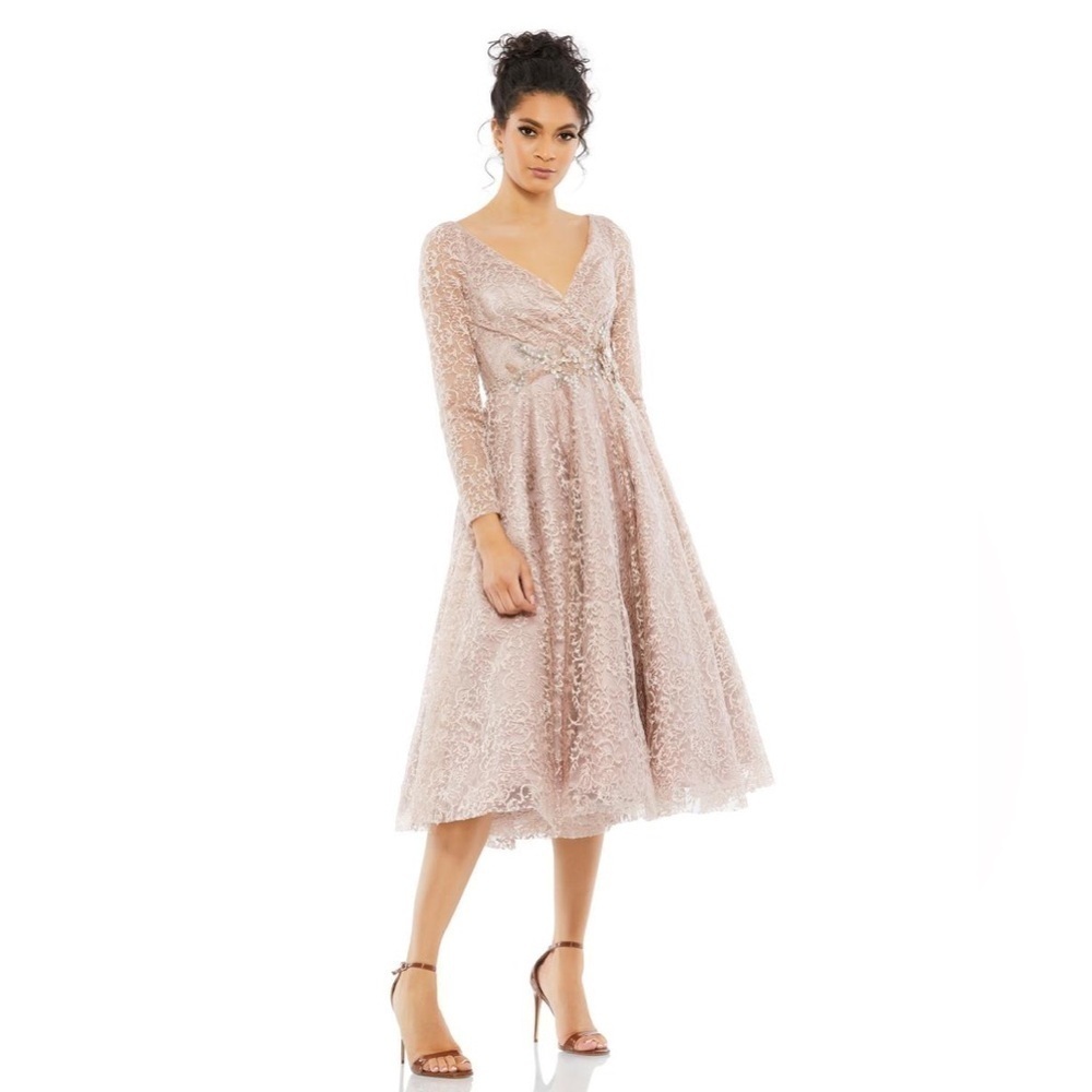 Mac Duggal 11218 NWT Long Sleeve Tea Length Dress with Embellished Waist
